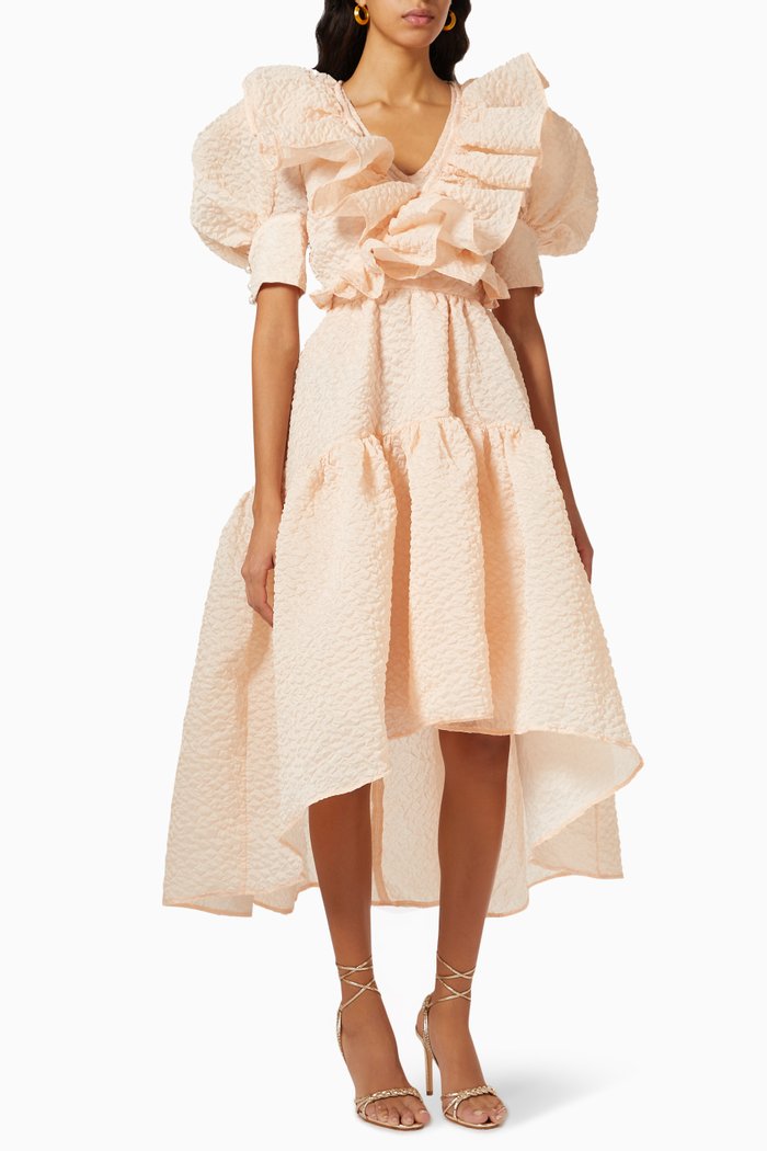 

Ruffled Balloon Dress in Textured Crepe, Pink