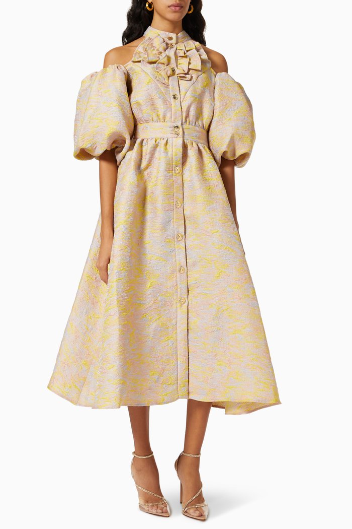 

Balloon Sleeves Midi Dress in Textured Crepe, Multicolour