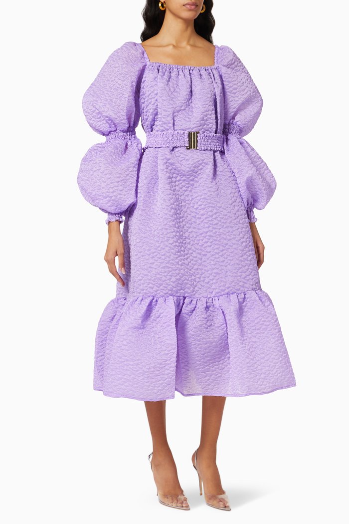 

Balloon Sleeves Dress in Textured Crepe, Purple