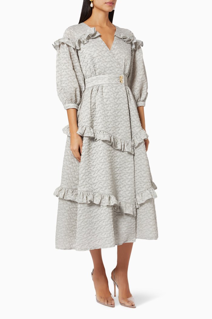 

Ruffle Tiered Dress in Linen, Grey