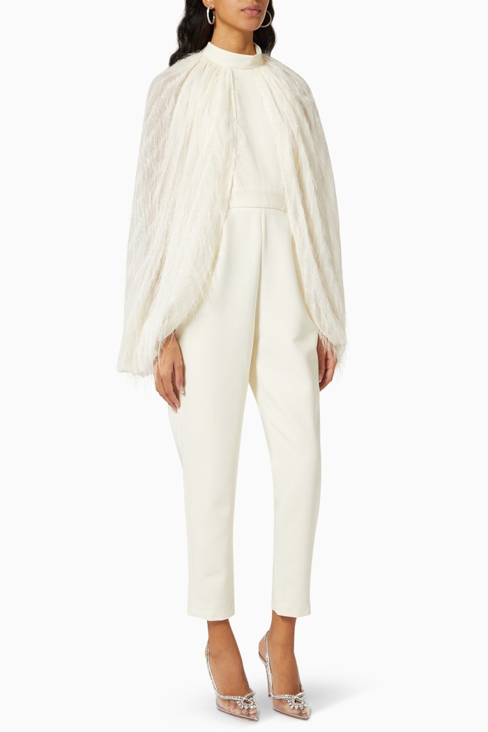 

Feathered Cape Jumpsuit in Crepe, Neutral