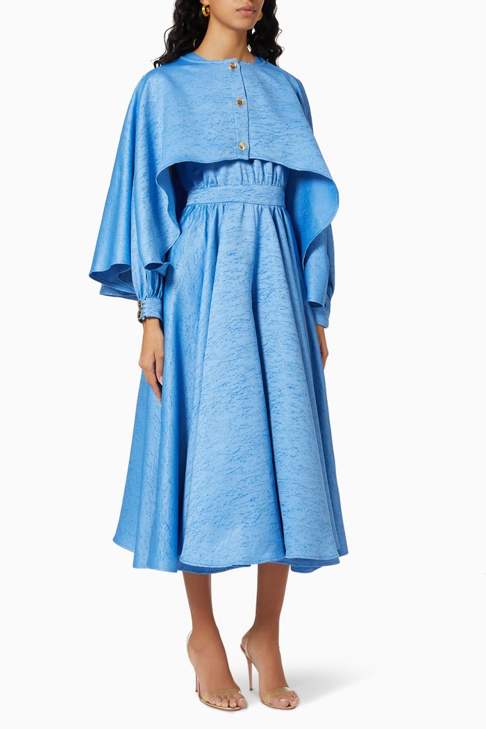 

Ruffled Cape Dress in Lurex Crepe, Blue
