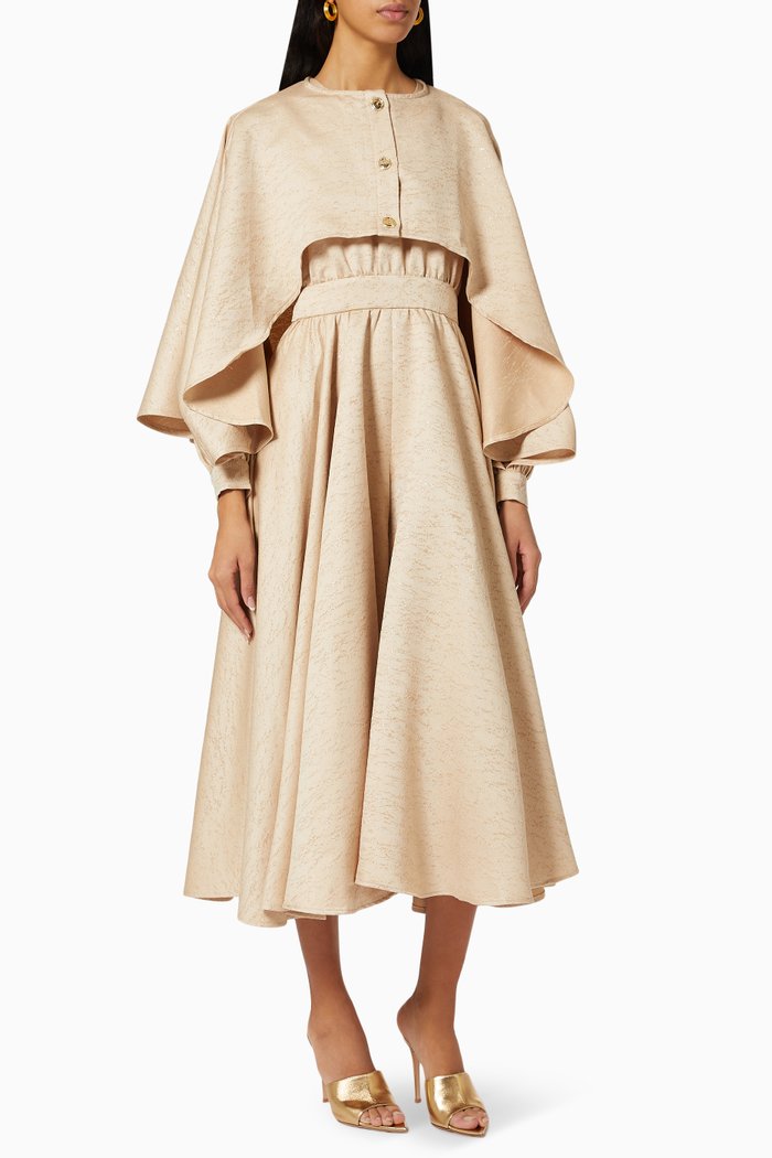 

Ruffled Cape Dress in Lurex Crepe, Neutral
