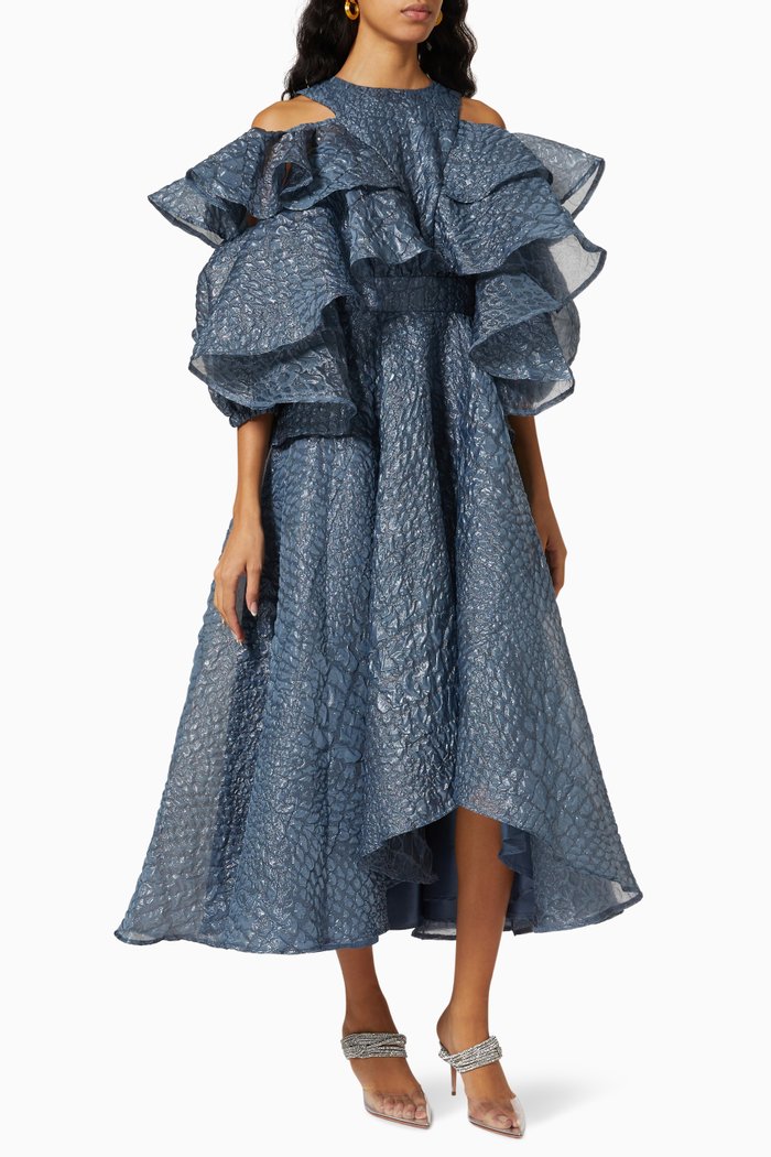 

Ruffled Maxi Dress in Textured Crepe, Blue