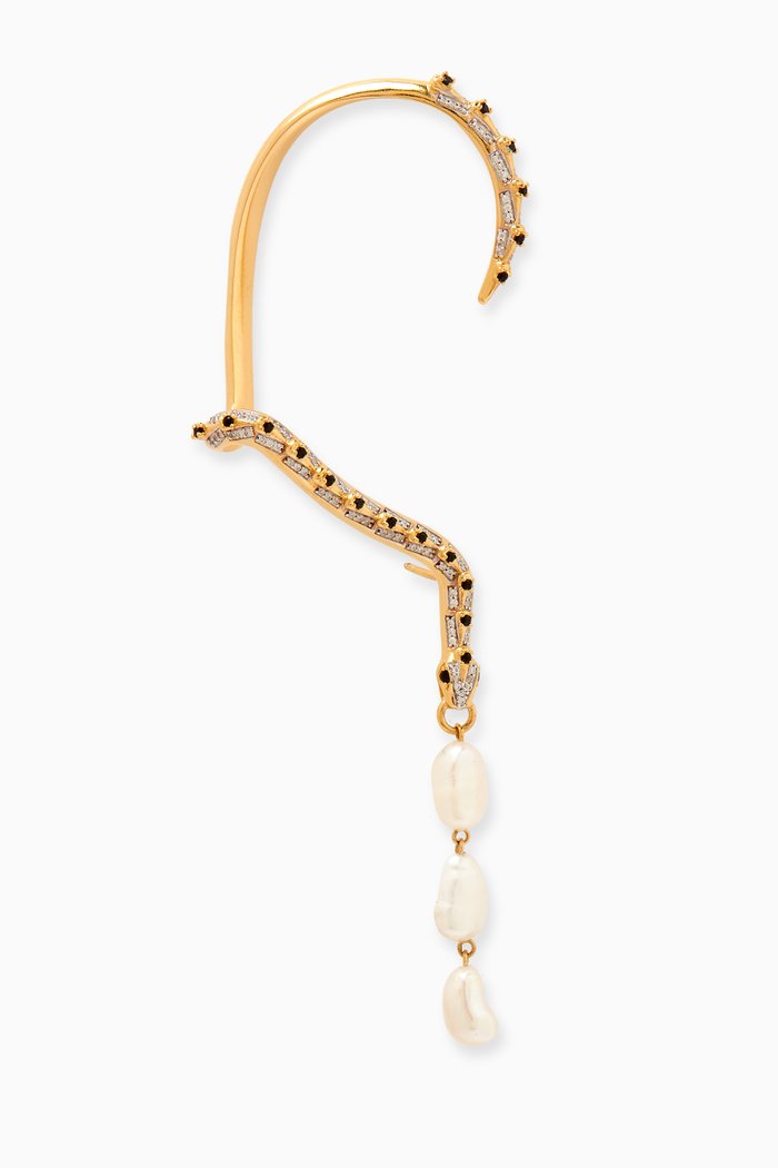 

x Harris Reed Pearl Serpent Single Ear Cuff in 18kt Recycled Gold-plated Brass, White