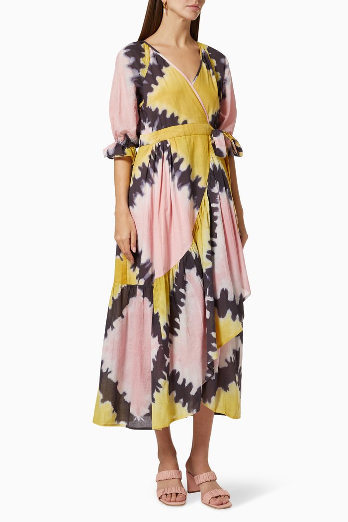 Shibori Dyed Wrap Dress in Cotton, Multicolour