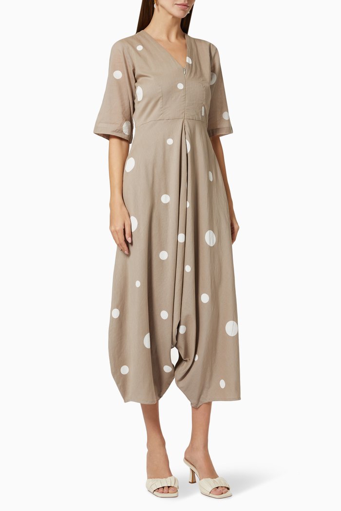 

Cowl Jumpsuit in Polka Dot Cotton, Neutral