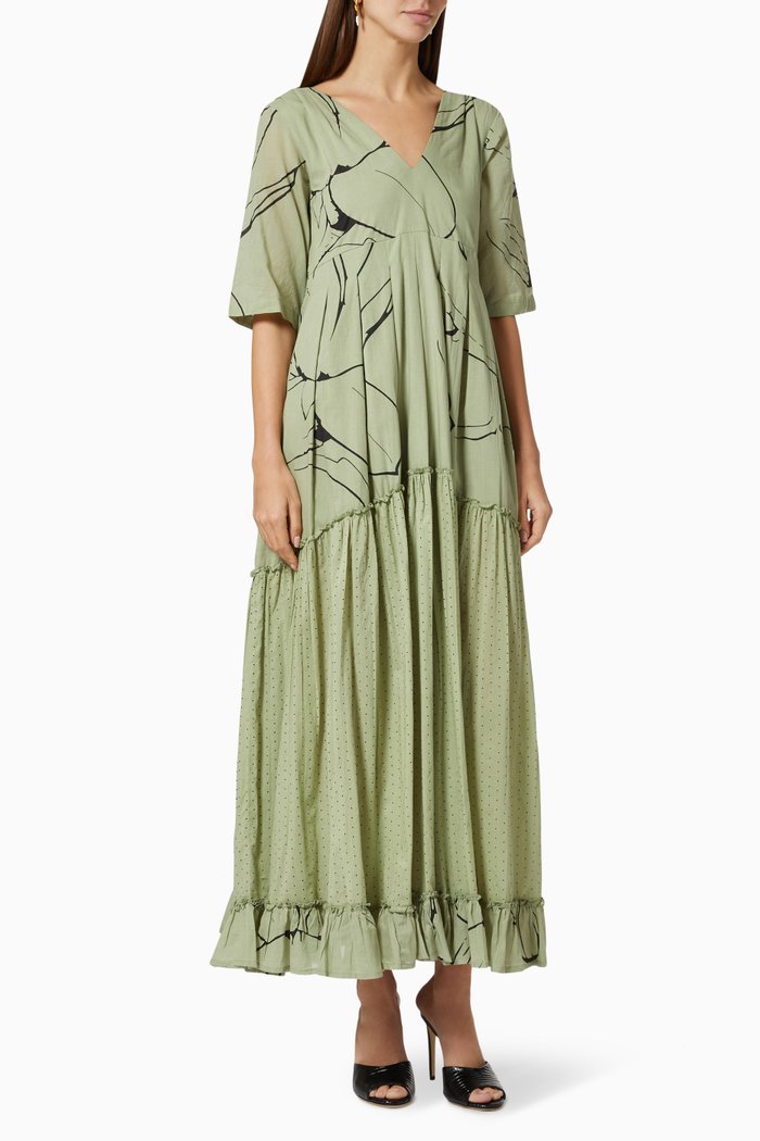 

Tiered Dress in Cotton, Green