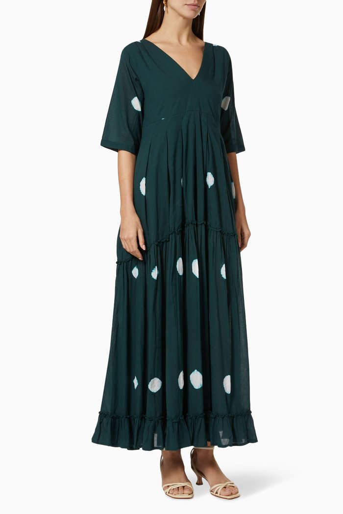 Tiered Dress in Polka Dot Cotton, Green