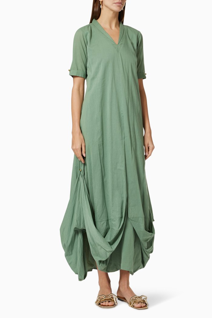 

Cowl Hem Dress in Cotton, Green