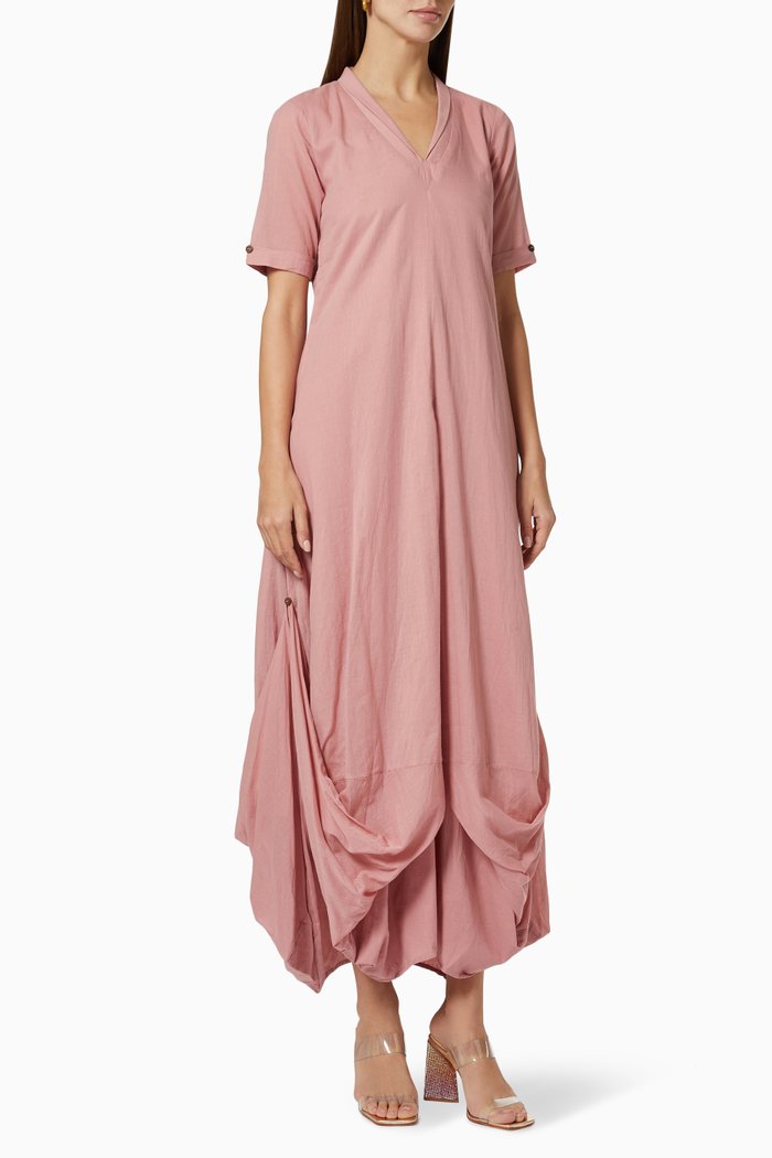 

Cowl Draped Dress in Cotton, Pink