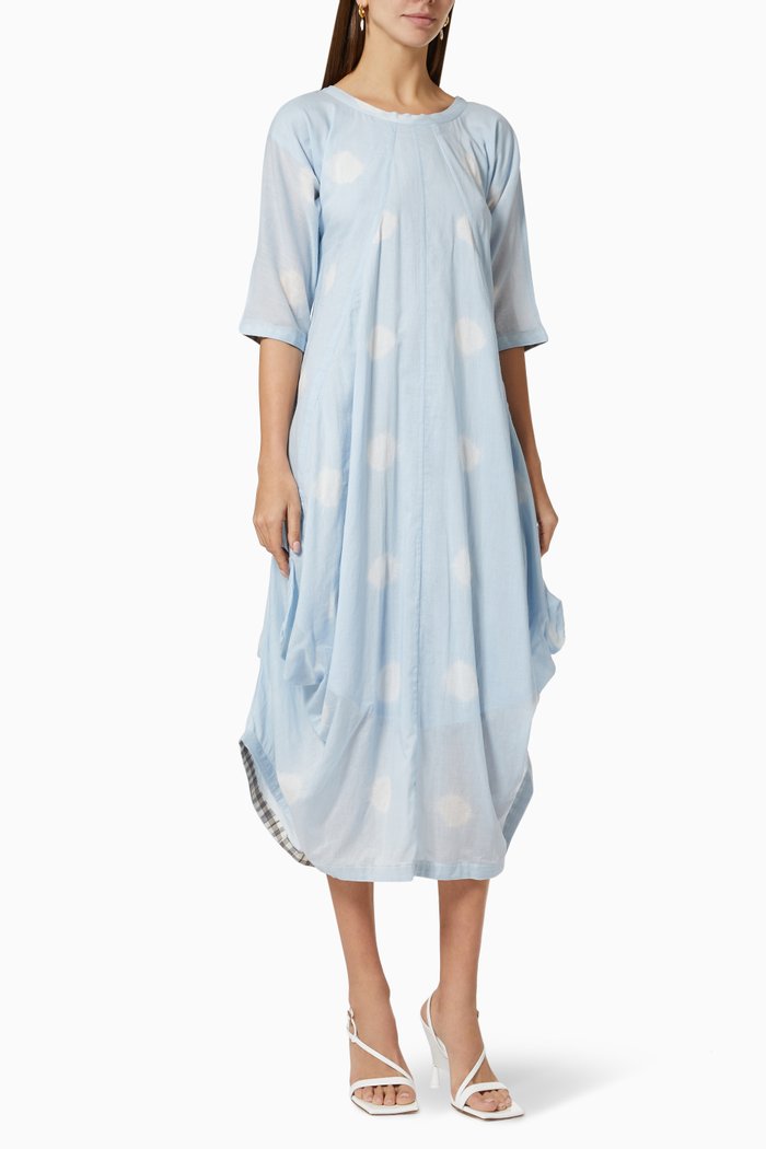 

Cowl Draped Dress in Polka Dot Cotton, Blue
