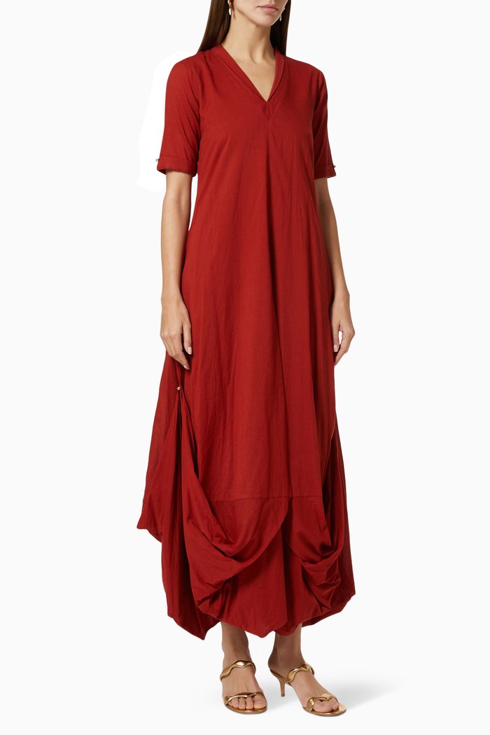 

Cowl Draped Dress in Cotton, Red