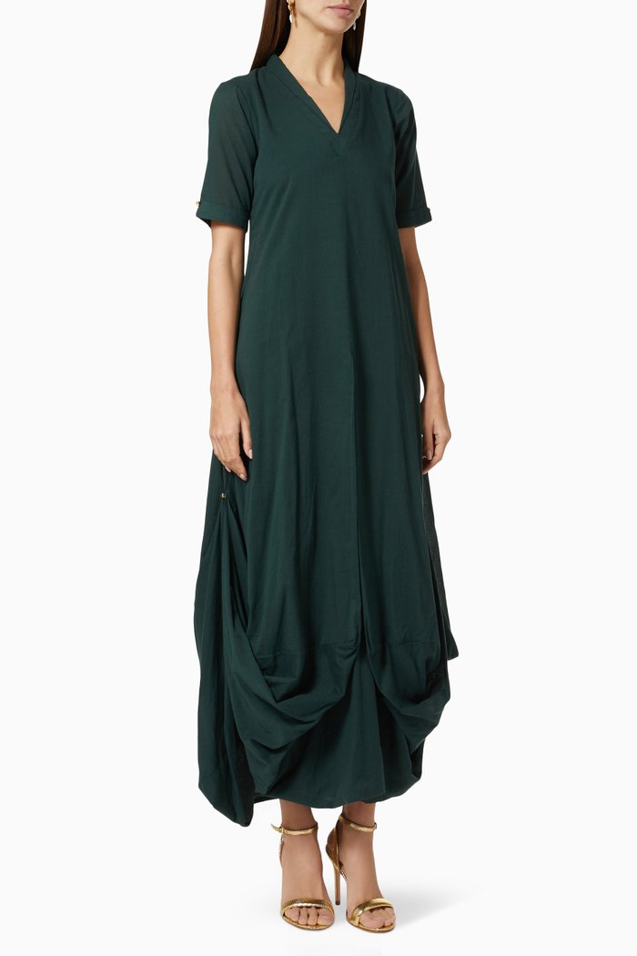

Cowl Draped Dress in Cotton, Green