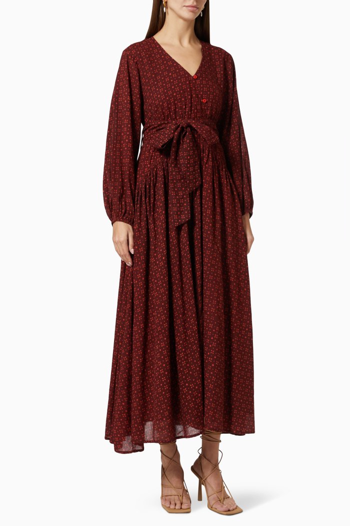 

Bagru Print Dress in Cotton, Burgundy