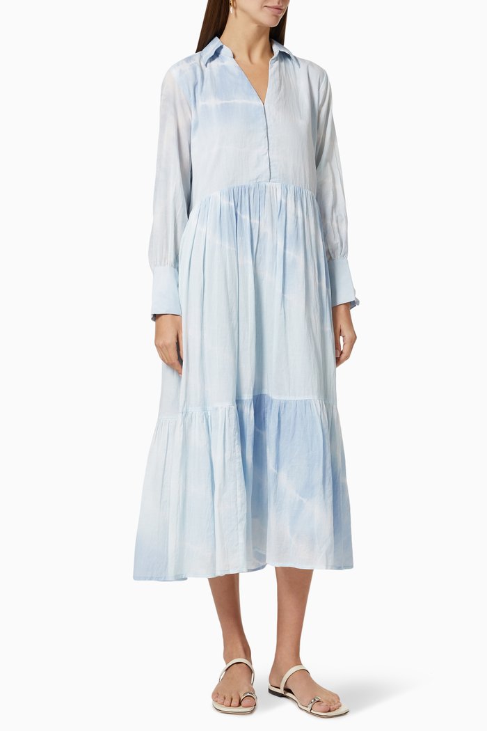 Tiered Collar Dress in Shibori Dyed Cotton, Blue