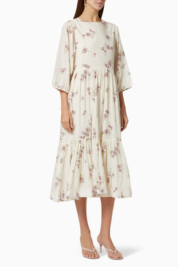 

Peach Print Tiered Dress in Cotton, White