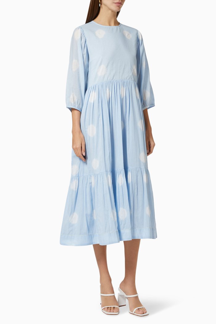 

Tiered Dress in Polka Dot Cotton, Blue