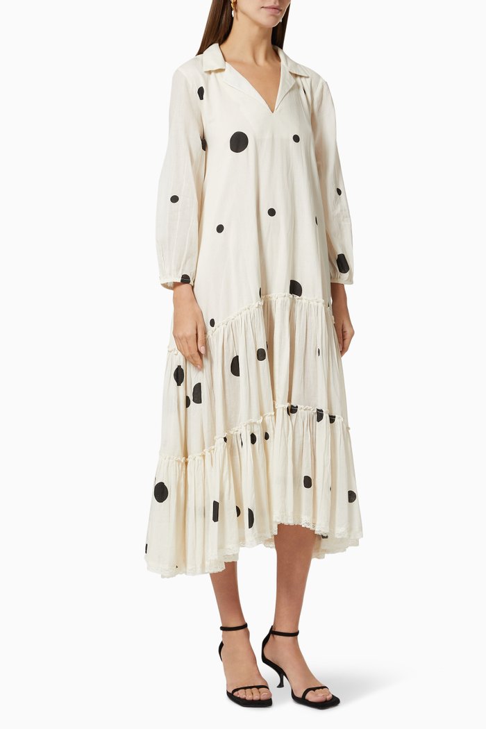 

Tiered Dress in Polka Dot Cotton, White