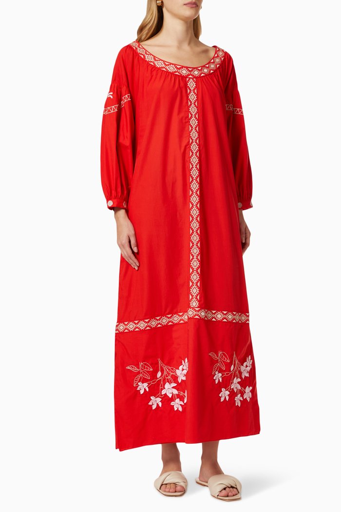 

Buganvilias Embroidered Maxi Dress in Cotton, Red