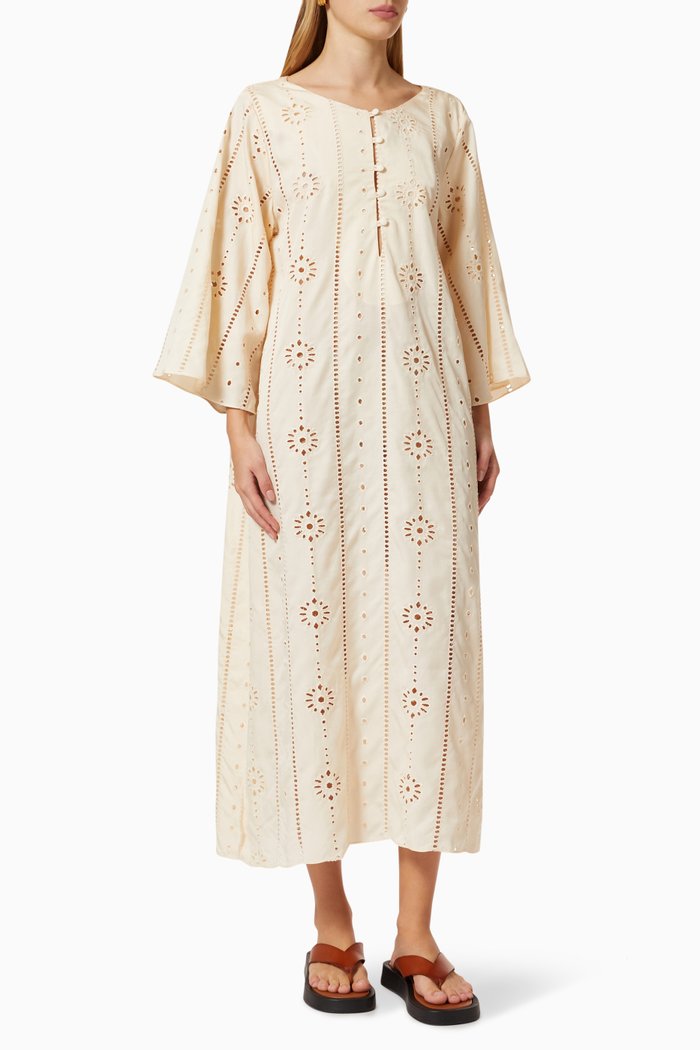 

Lisa Midi Dress in Eyelet Cotton, Neutral