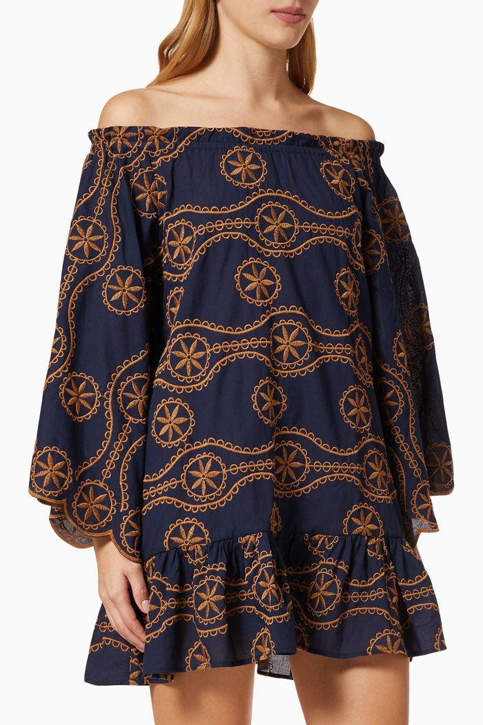 

Mexico Lindo Mini Dress in Embroidered Cotton, Blue