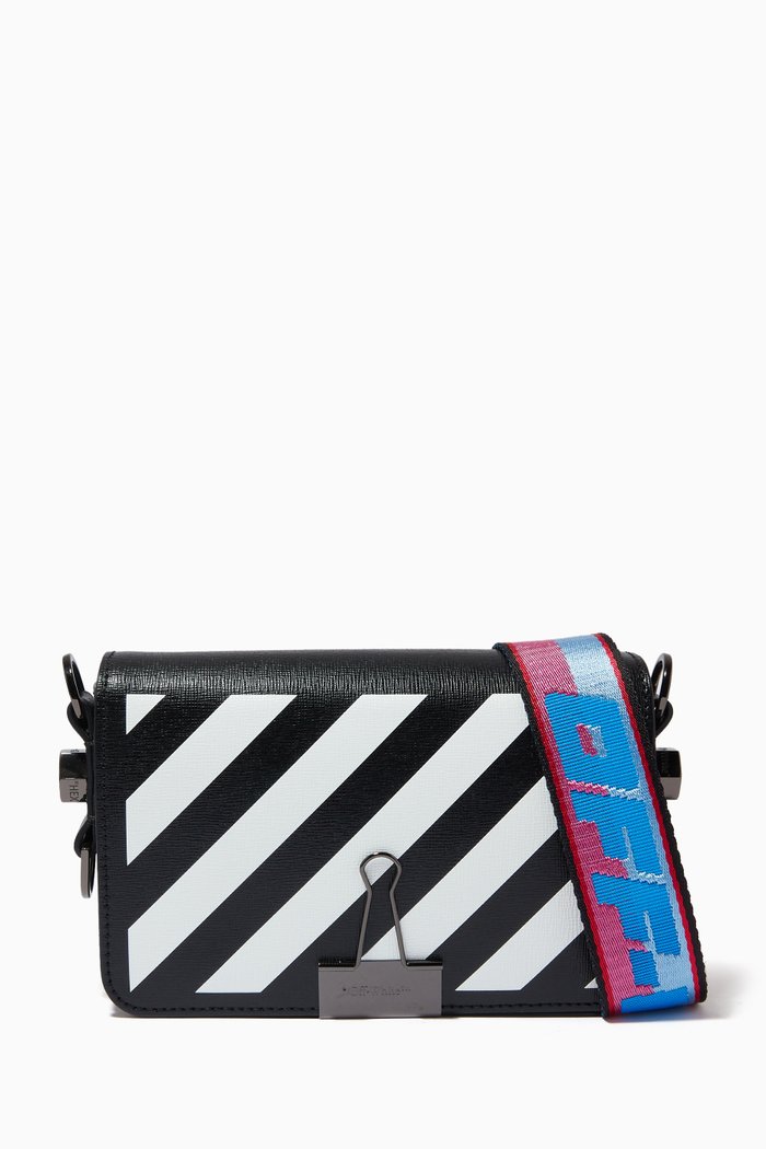 

Diagonal Stripe Mini Flap Bag in Leather, Black