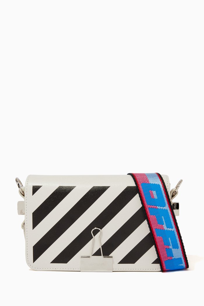 

Diagonal Stripe Mini Flap Bag in Leather, White