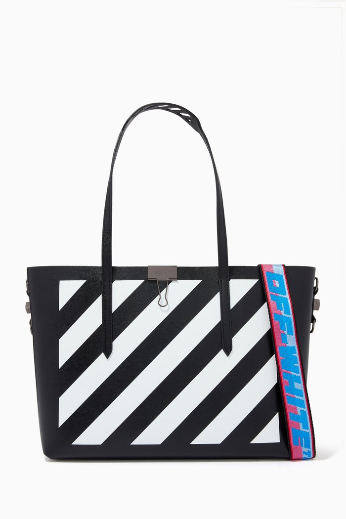 

Diagonal Stripe Shopper Tote Bag in Leather, Black