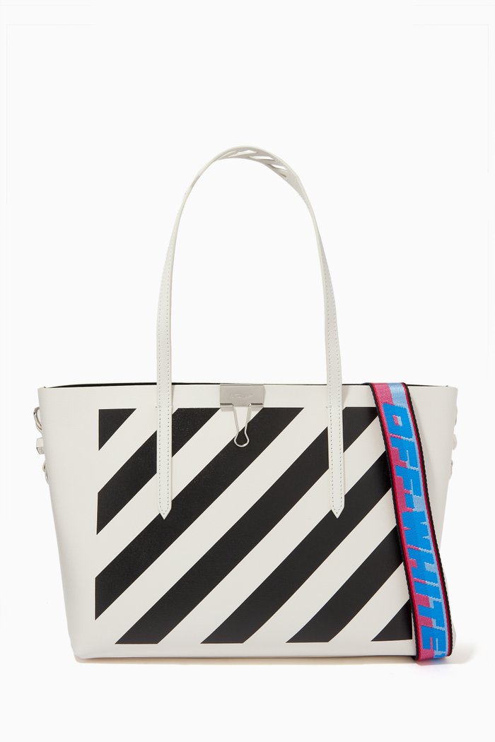 

Diagonal Stripe Shopper Tote Bag in Leather, White