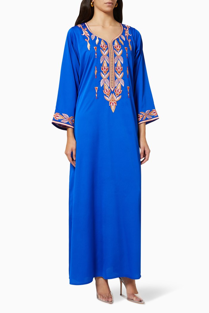 

Embroidered Kaftan in Crepe Silk, Blue