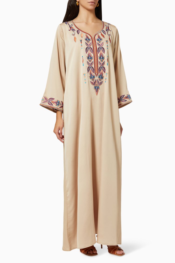 

Embroidered Kaftan in Crepe Silk, Neutral