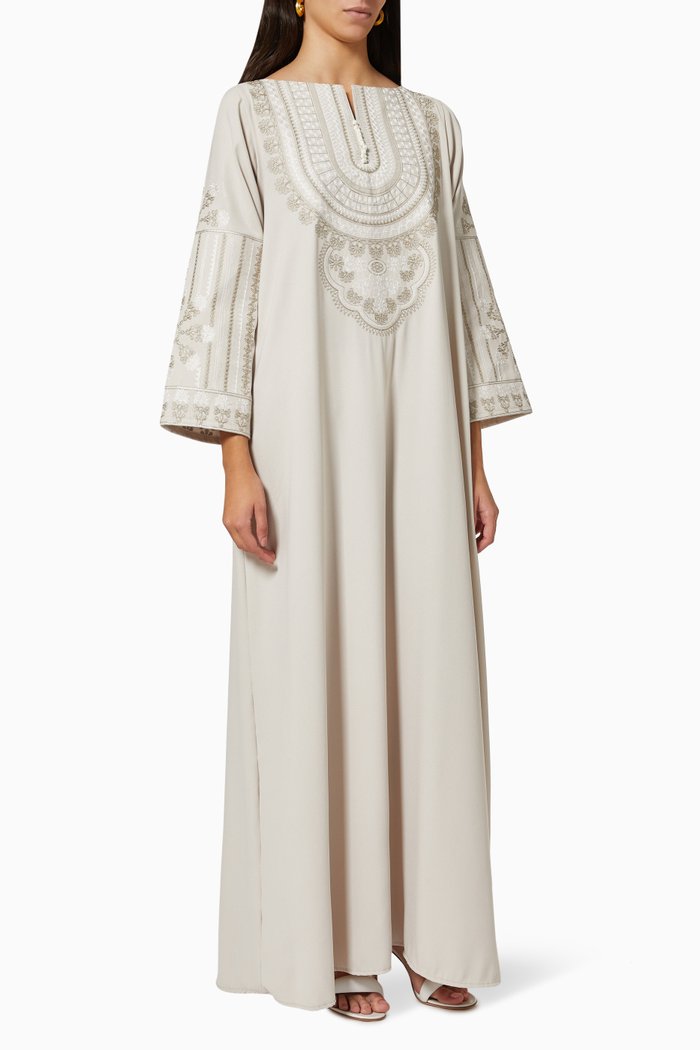 Embroidered Kaftan in Crepe Silk, Grey