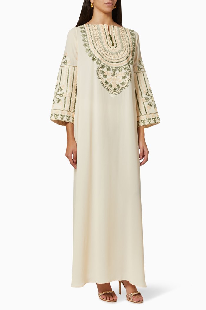 

Embroidered Kaftan in Crepe Silk, Neutral