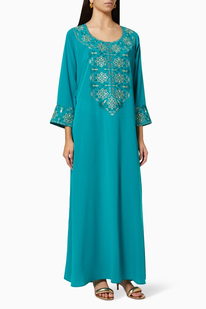 

Embroidered Kaftan in Crepe Silk, Green