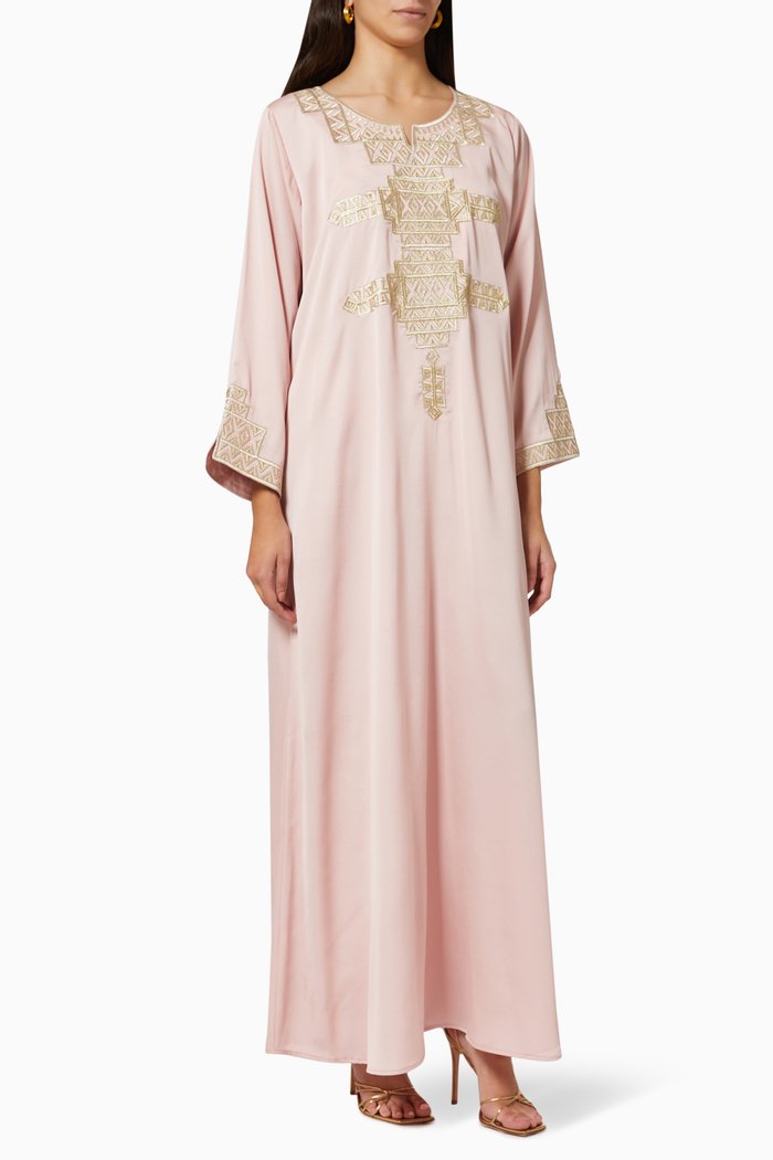 Embroidered Kaftan in Crepe Silk, Pink
