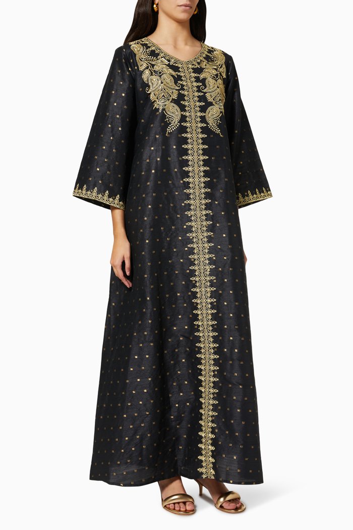 Embroidered Kaftan in Indian Silk, Black