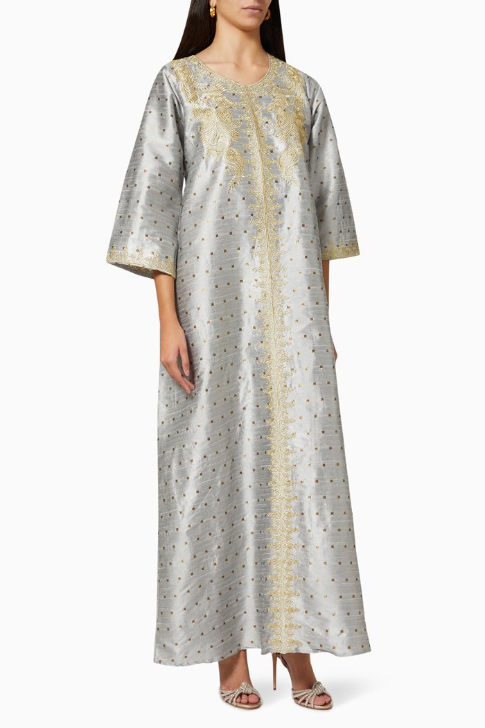 

Embroidered Kaftan in Indian Silk, Grey