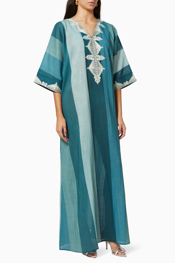 

Embroidered Stripe Kaftan in Linen, Green