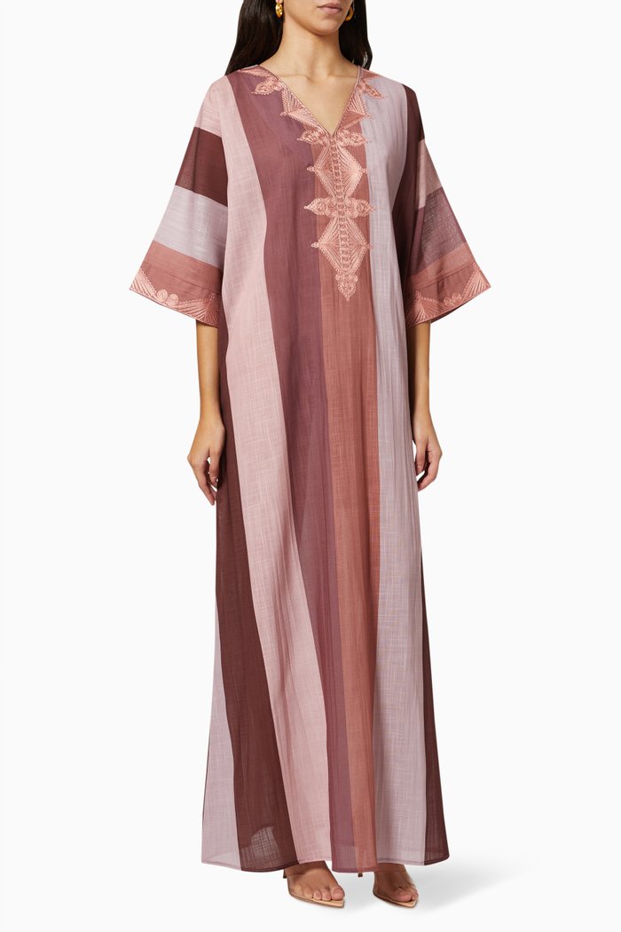 

Embroidered Stripe Kaftan in Linen, Brown