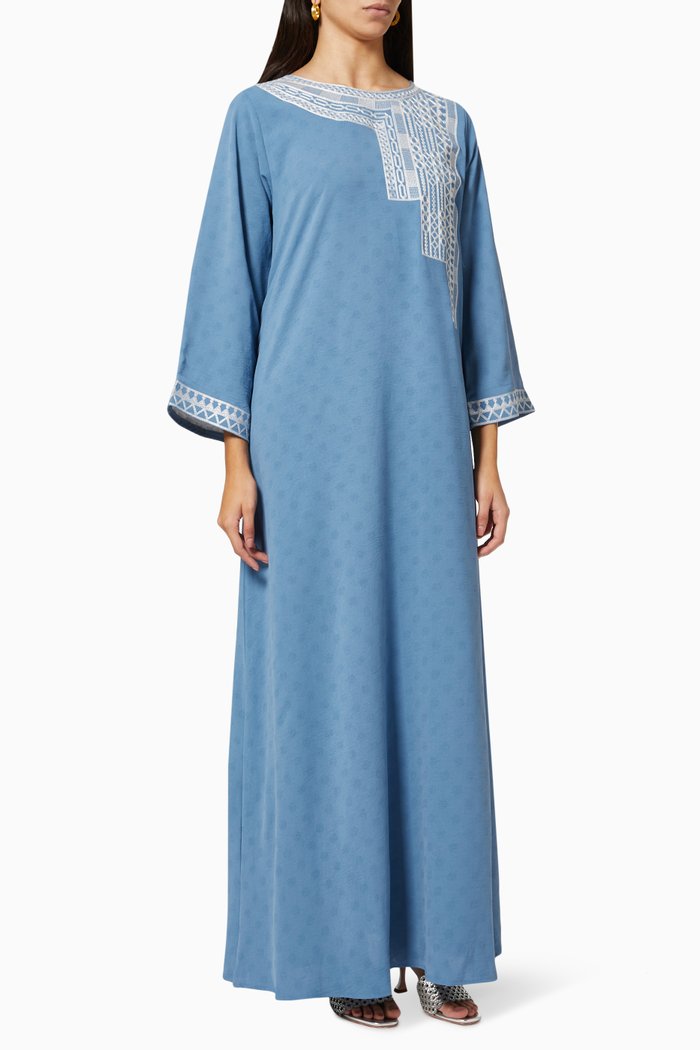 

Embroidered Kaftan in Cotton Crepe, Blue