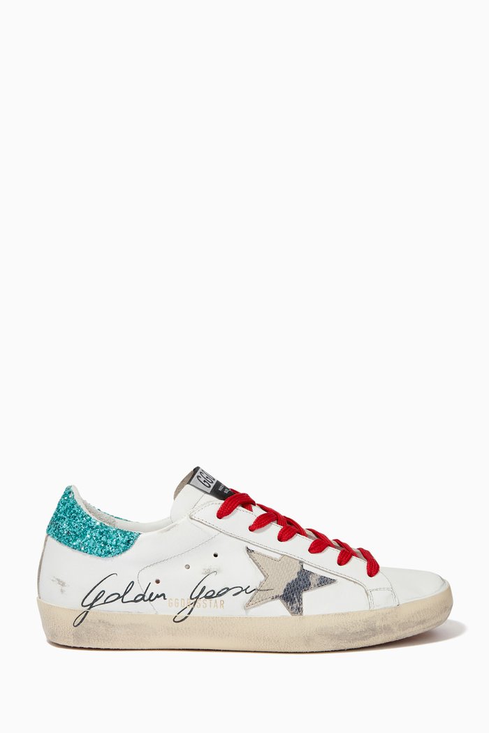 

Superstar Sneakers with Python-print Star & Glitter Heel Tab in Leather, White