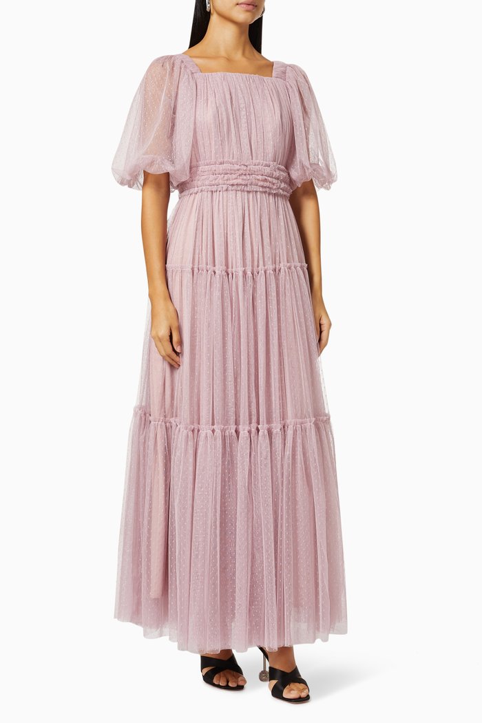 

Tiered Dress in Dotted Tulle, Pink