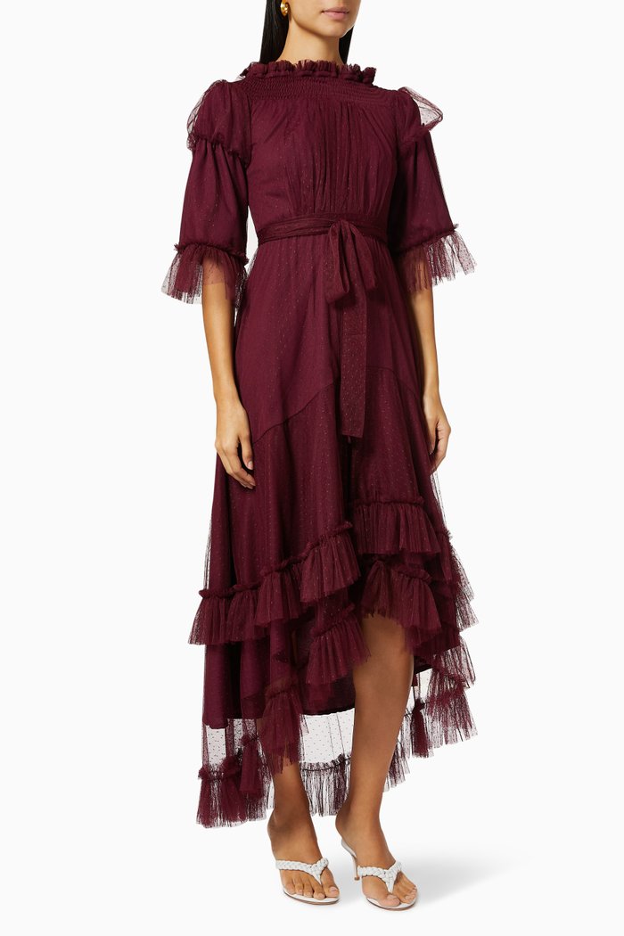 

Ruffle Belted Dress in Dotted Tulle, Burgundy