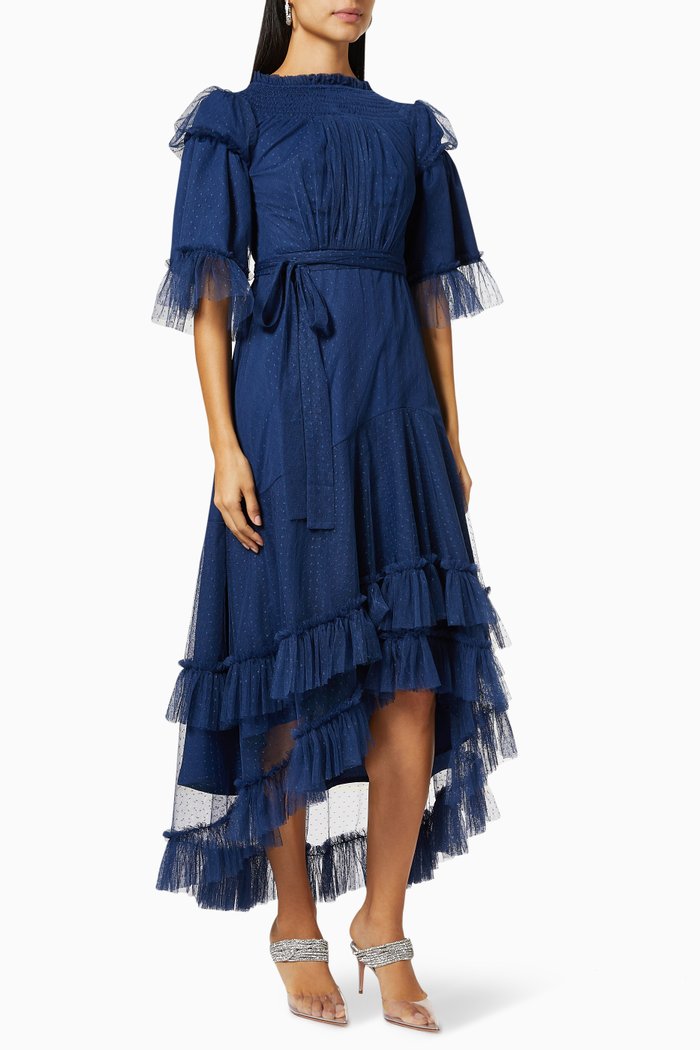 

Ruffle Belted Dress in Dotted Tulle, Blue