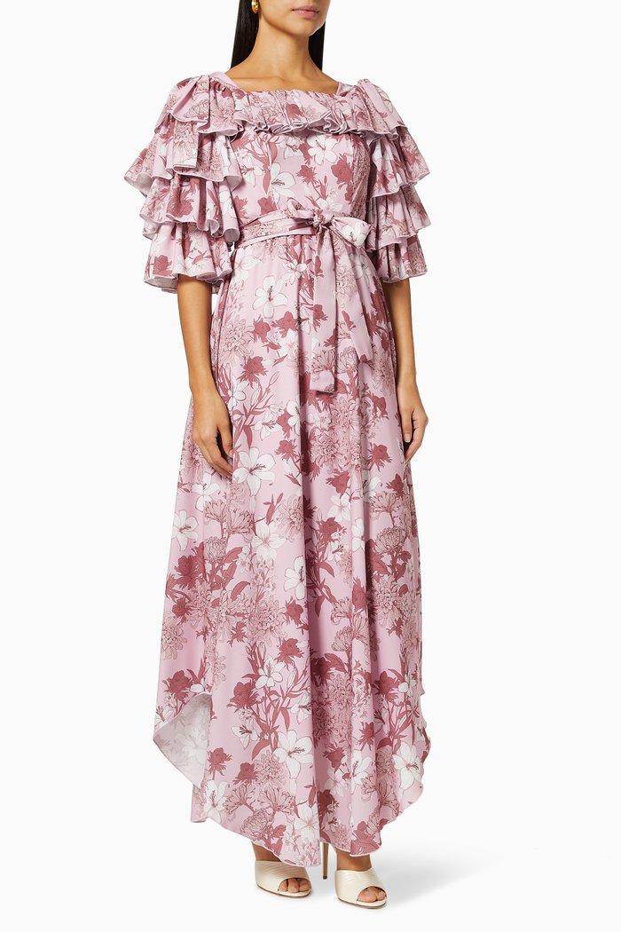 Floral Ruffle Dress in Chiffon, Pink