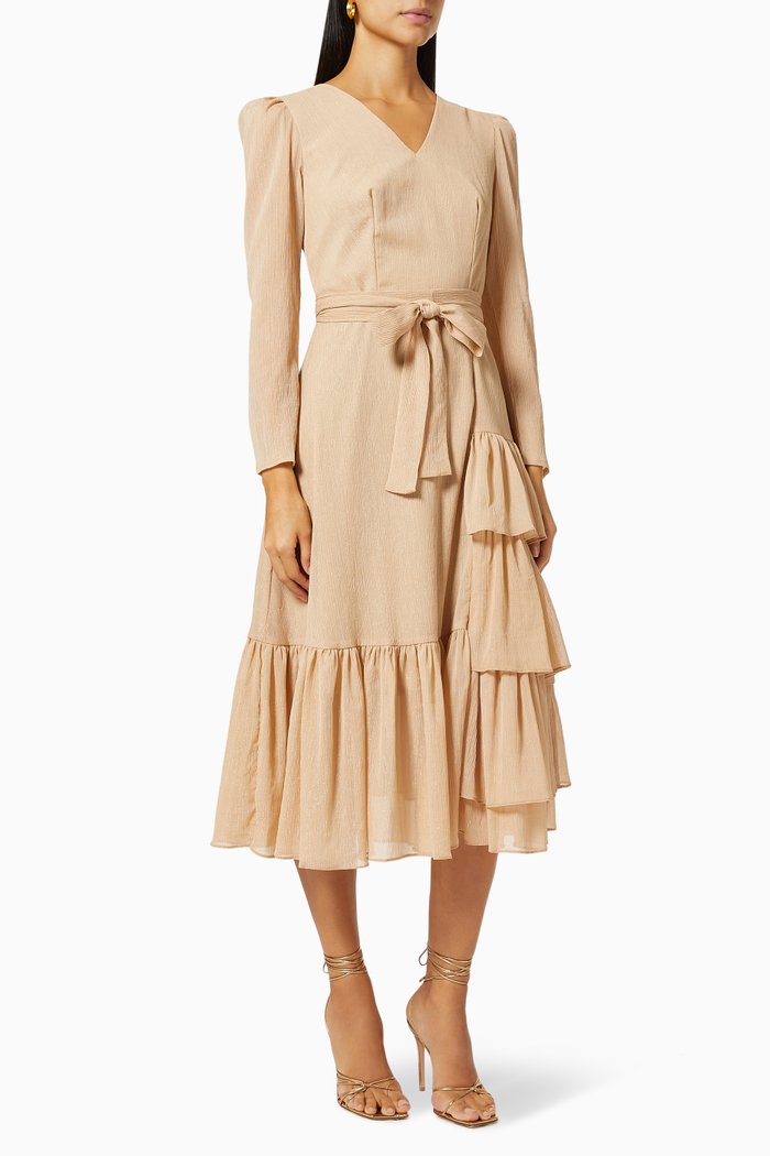 

Asymmetric Ruffle Dress in Metallic Chiffon, Neutral