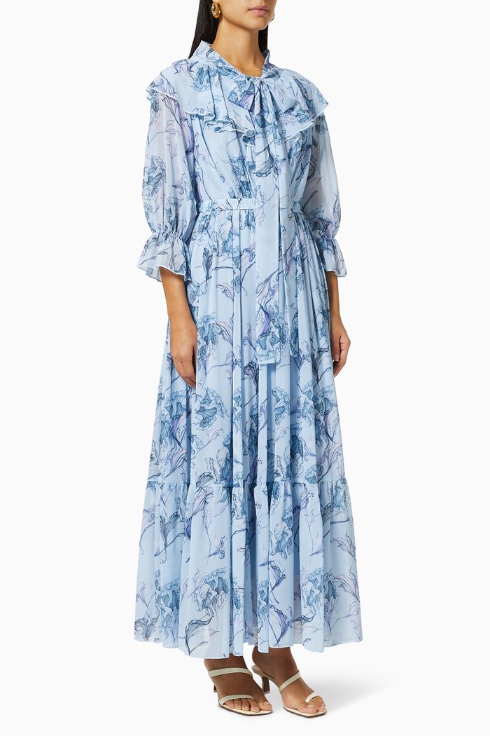 

Floral Tiered Skirt in Chiffon, Blue