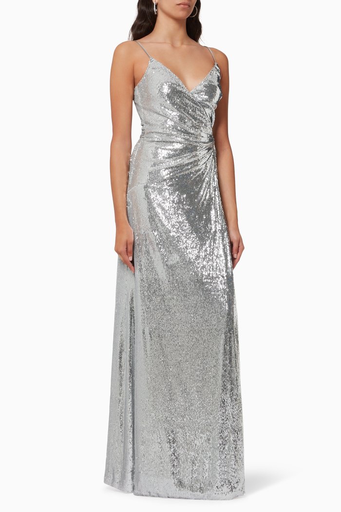 

Amiel Wrap Dress in Stretch Sequin, Silver