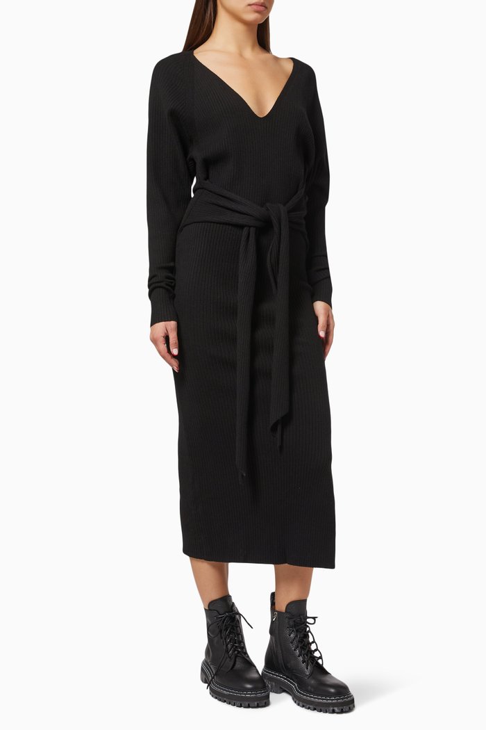 

LS Belted Body Dress in Ribbed Knit, Black